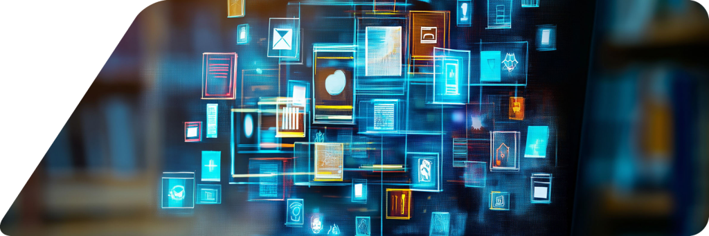 Concept of an e library with virtual icons computer