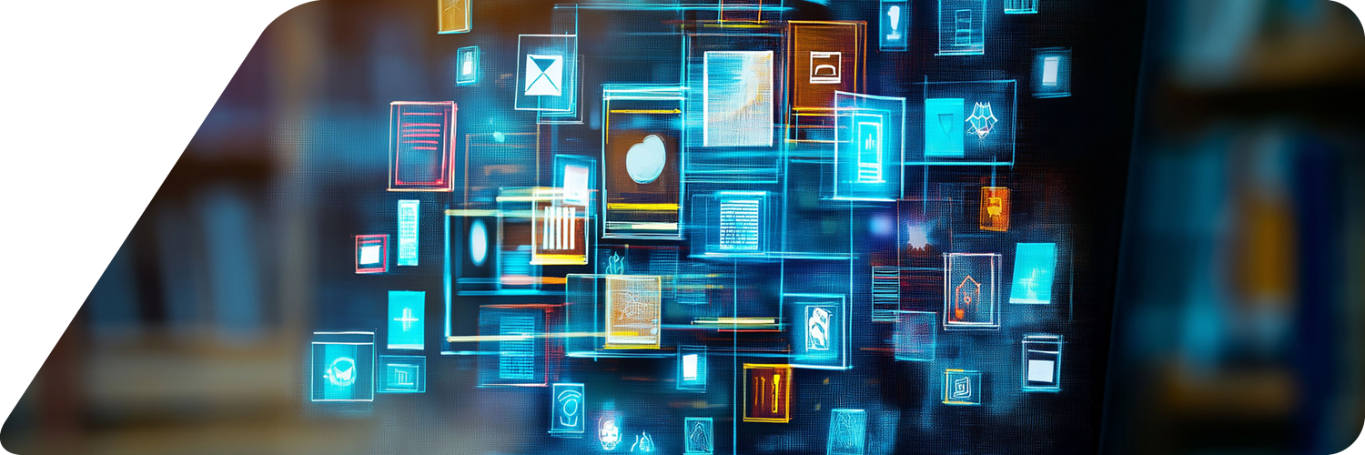 Concept of an e library with virtual icons computer